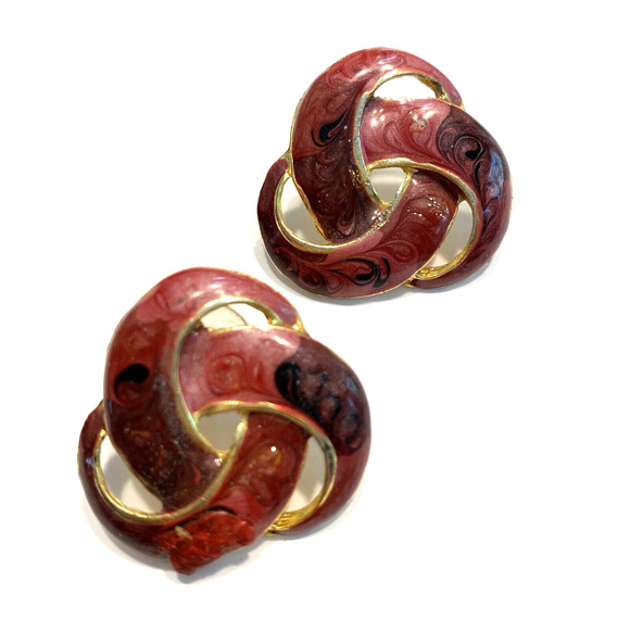 Vintage 1980’s Pierced Earrings Chunky Boss Lady Swirl Enamel Goldtone Pink Rose - Picture 2 of 6